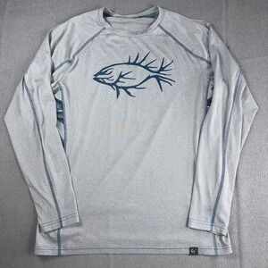 Huk Shirt Mens Medium Gray Performance Fishing Shark Print Long Sleeve